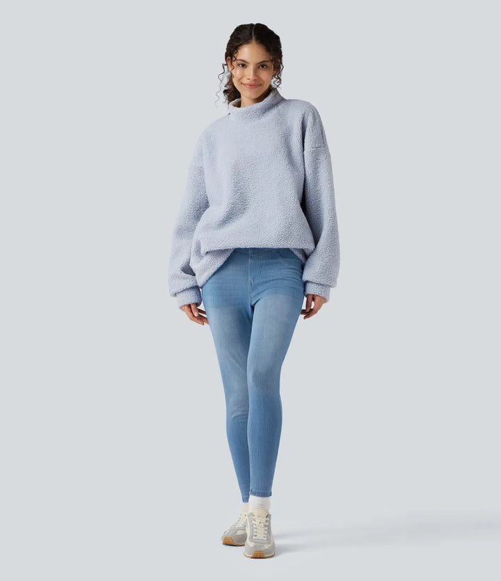 Mock Neck Long Sleeve Casual Sherpa Sweatshirt with Pockets