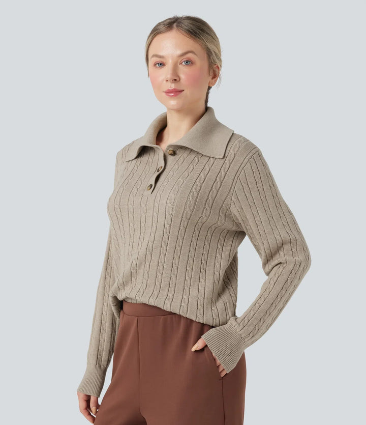 Lapel Long Sleeve Cable Knit Relaxed Fit Work Wool-Blend Jumper