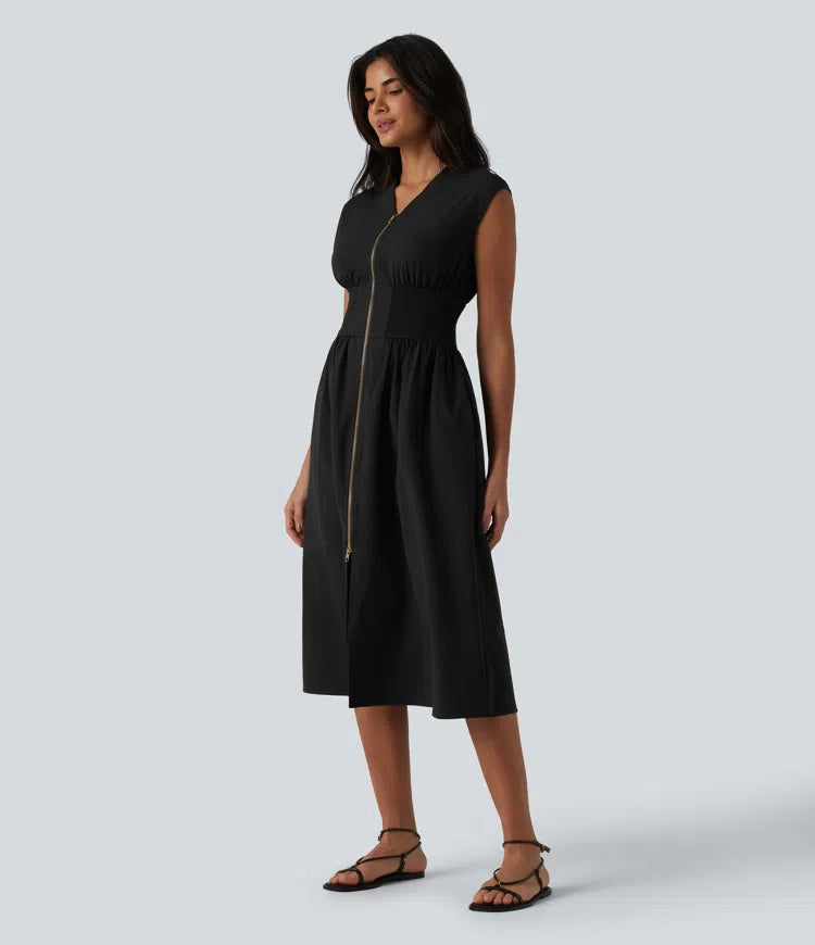 V Neck Sleeveless 2-Way Zipper Midi Work Dress with Pockets