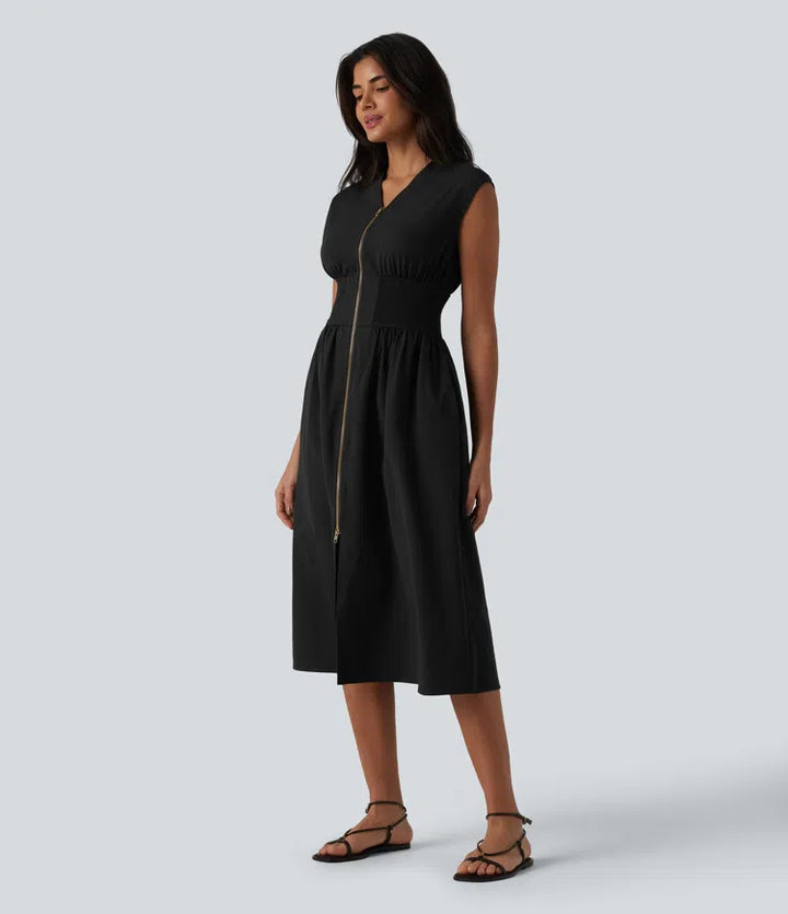 V Neck Sleeveless 2-Way Zipper Midi Work Dress with Pockets