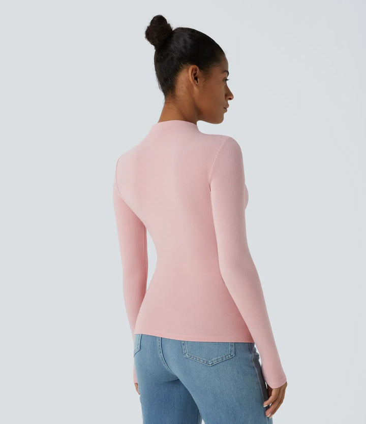 Funnel Neck Long Sleeve Ruched Skinny Thermal Casual Top