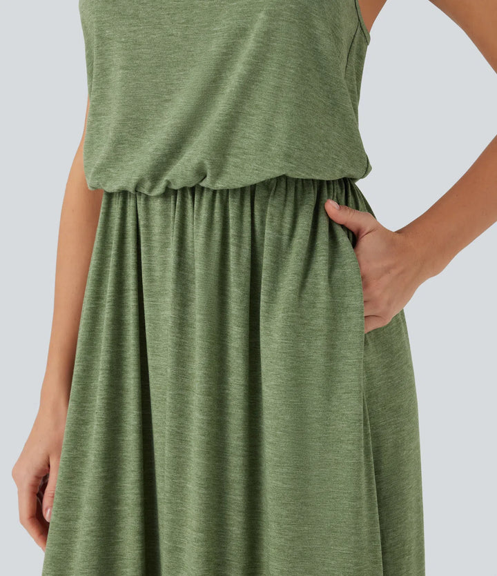 Adjustable Strap Maxi Flowy Resort Slip Dress with Pockets