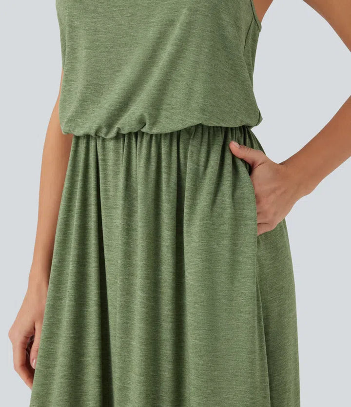 Adjustable Strap Maxi Flowy Resort Slip Dress with Pockets