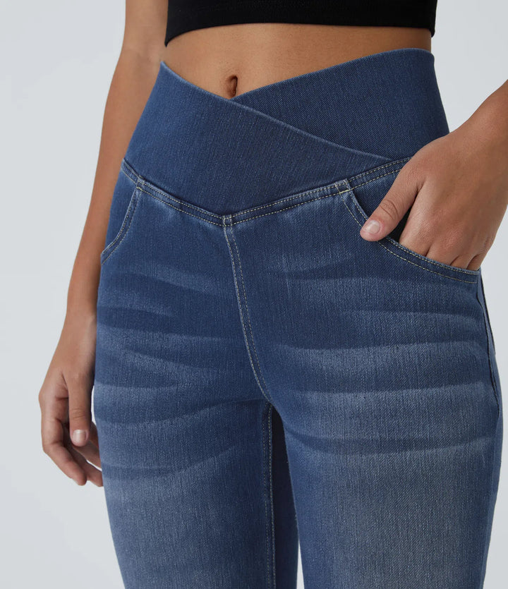 Halara Flex High Waisted Crossover Pocket Washed Casual Flared Jeans