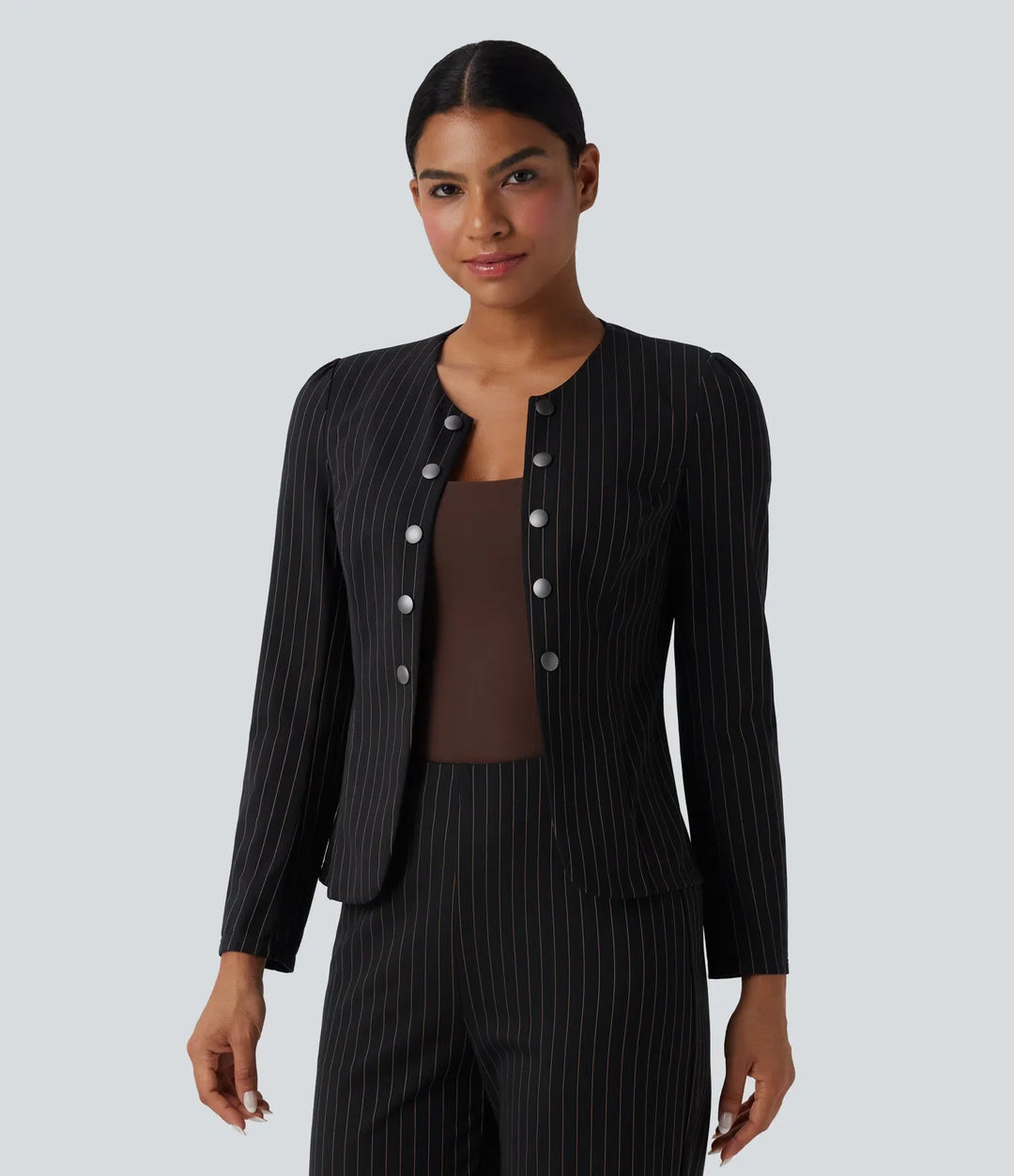 Round Neck Long Sleeve Open Front Work Blazer
