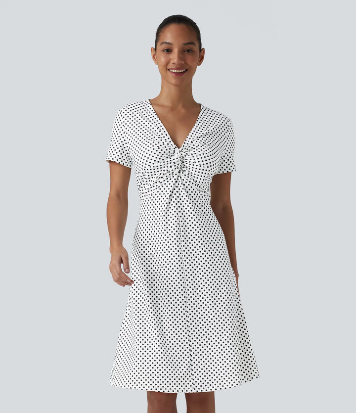 V Neck Short Sleeve Polka Dot Knee Length Casual Dress