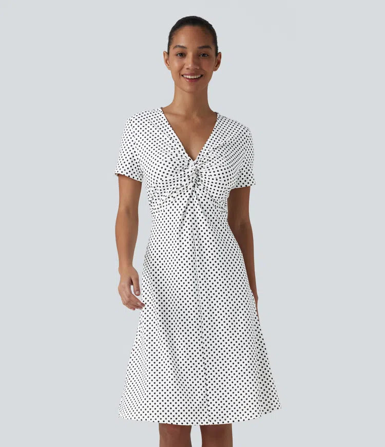 V Neck Short Sleeve Polka Dot Knee Length Casual Dress