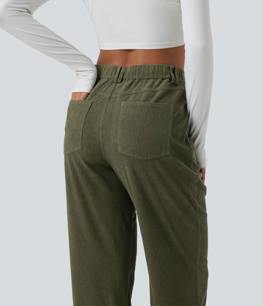 Mid Rise Tapered Corduroy Casual Trousers with Pockets