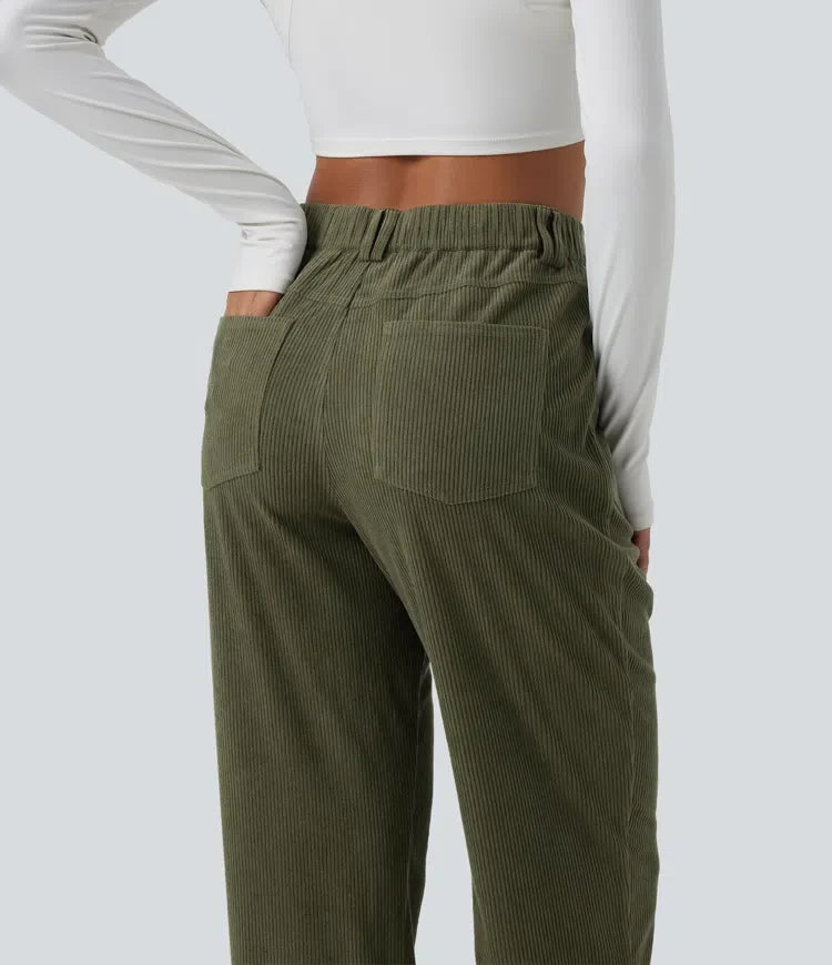 Mid Rise Tapered Corduroy Casual Trousers with Pockets