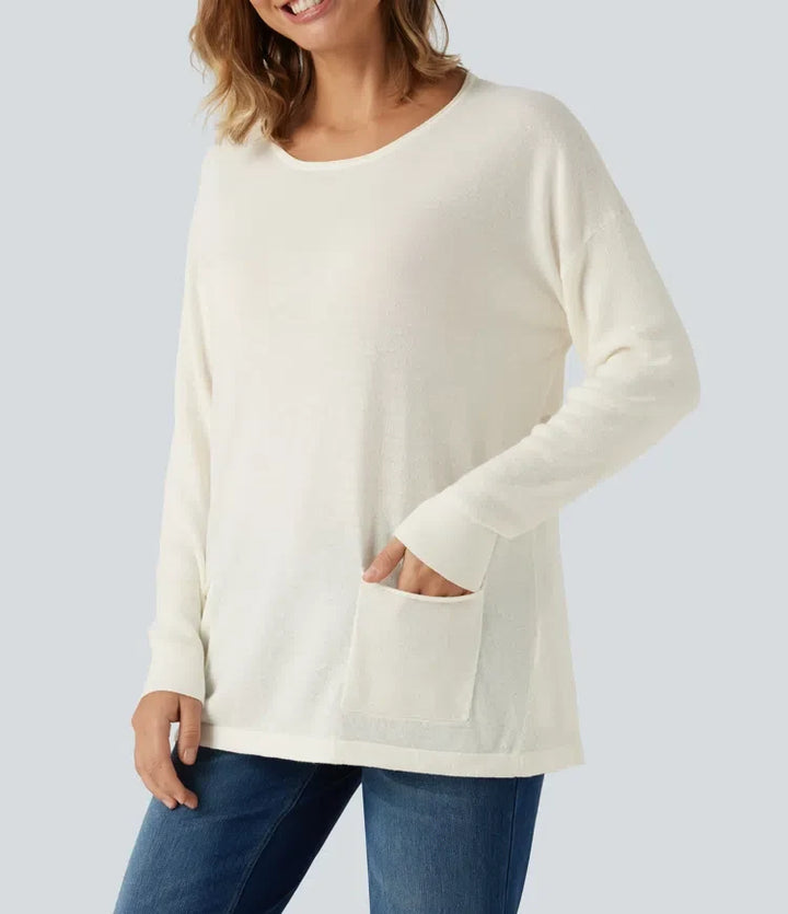 Round Neck Long Sleeve Casual Jumper with Pockets