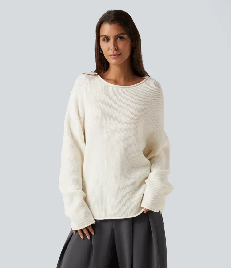 Round Neck Long Sleeve Rolled Hem Work Jumper