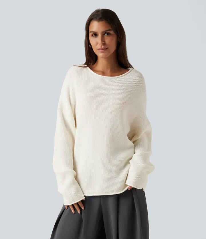 Round Neck Long Sleeve Rolled Hem Work Jumper