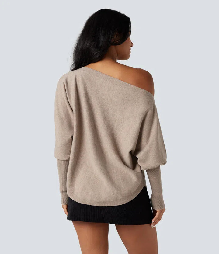 One-shoulder Batwing Sleeve Curved Hem Work Jumper