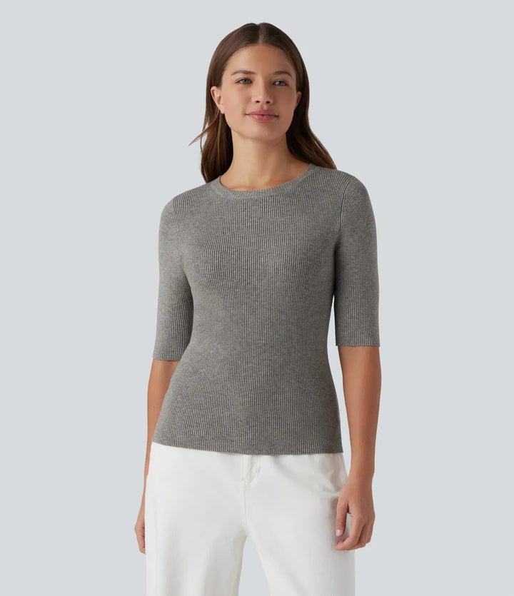 Ribbed Knit Round Neck Half Sleeve Work Jumper