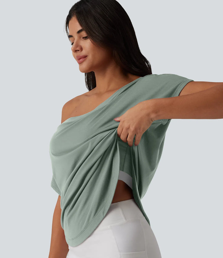 One Shoulder Short Sleeve Curved Hem High Low Quick Dry Yoga Sports Top-Built-in Bra