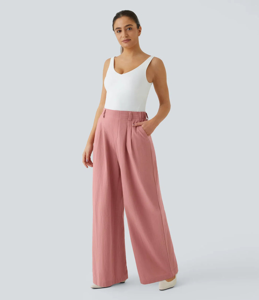 High Waisted Pocket Wide Leg Flowy Solid Palazzo Casual Linen-Feel Trousers