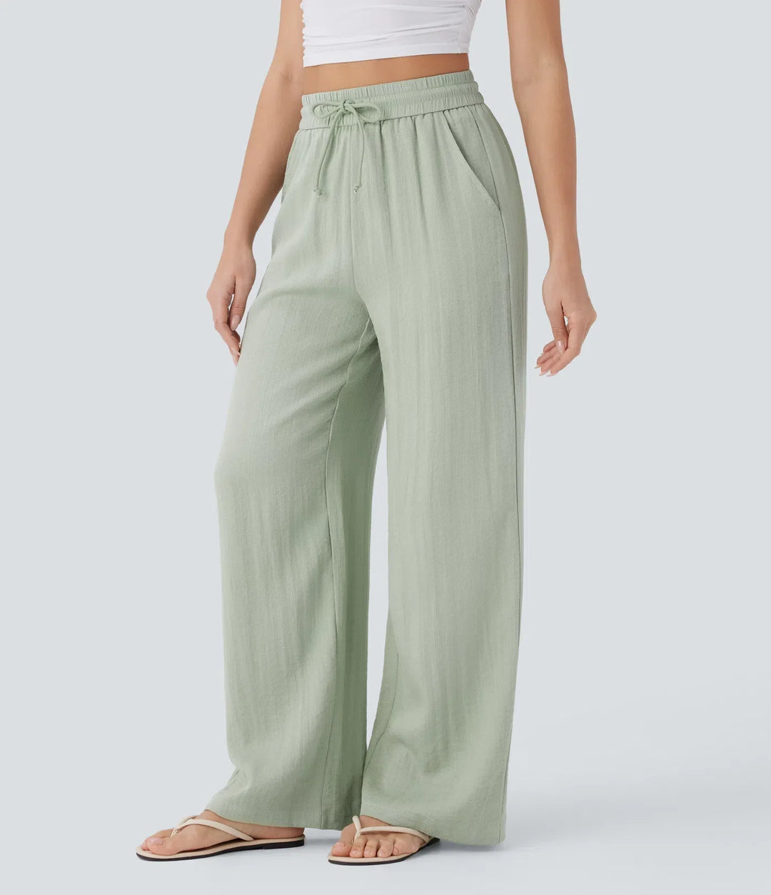 High Waisted Drawstring Pocket Wide Leg Baggy Casual Linen-Feel Trousers
