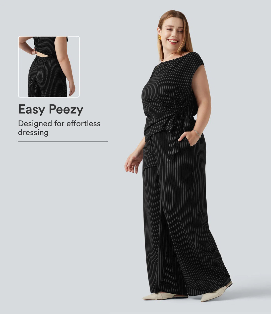 Plus Size Boat Neck Sleeveless Tie Side Cool Touch Stripe Work Jumpsuit with Pockets-Easy Peezy Edition