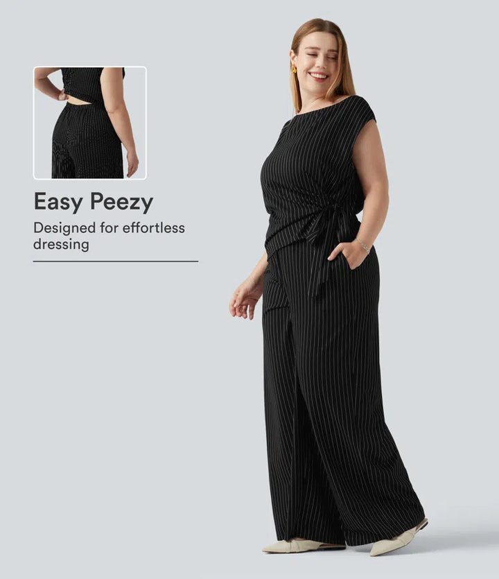 Plus Size Boat Neck Sleeveless Tie Side Cool Touch Stripe Work Jumpsuit with Pockets-Easy Peezy Edition