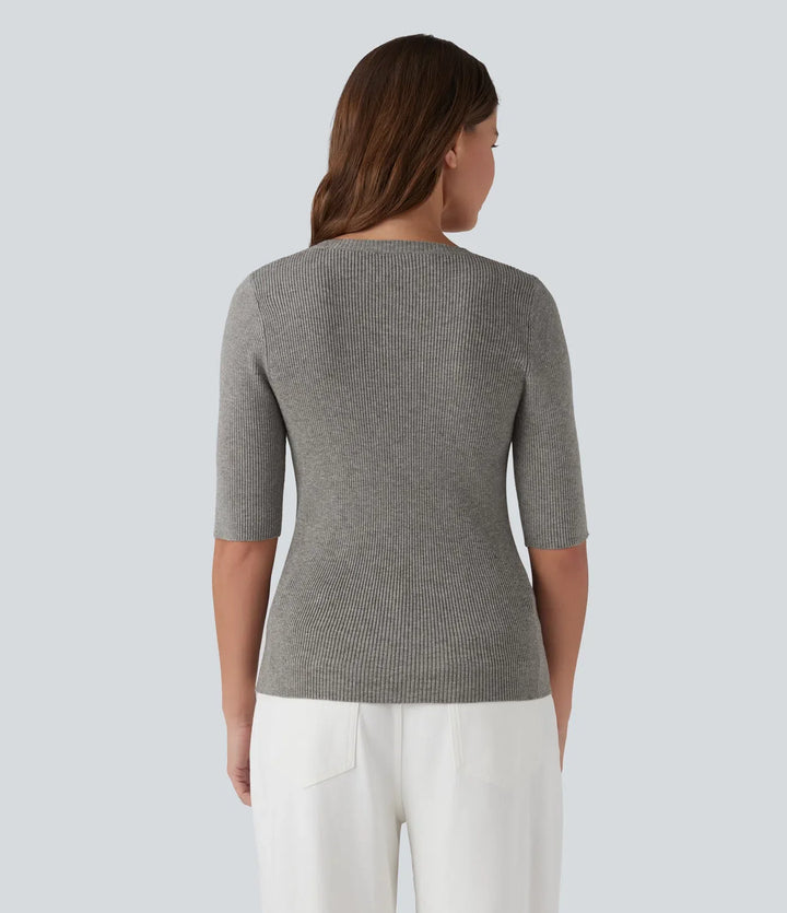 Ribbed Knit Round Neck Half Sleeve Work Jumper