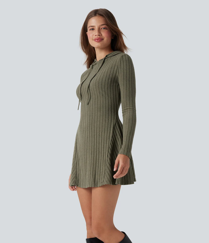 Ribbed Knit Hooded Drawstring Long Sleeve Mini Fleece Casual Dress