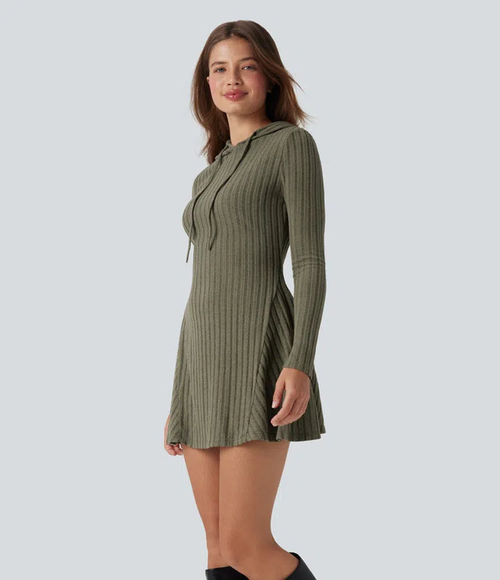 Ribbed Knit Hooded Drawstring Long Sleeve Mini Fleece Casual Dress