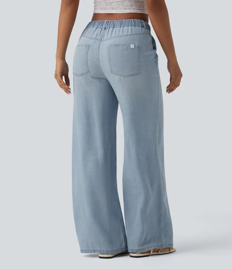Halara Flex Mid Rise Drawstring Lyocell Washed Casual Jeans with Pockets