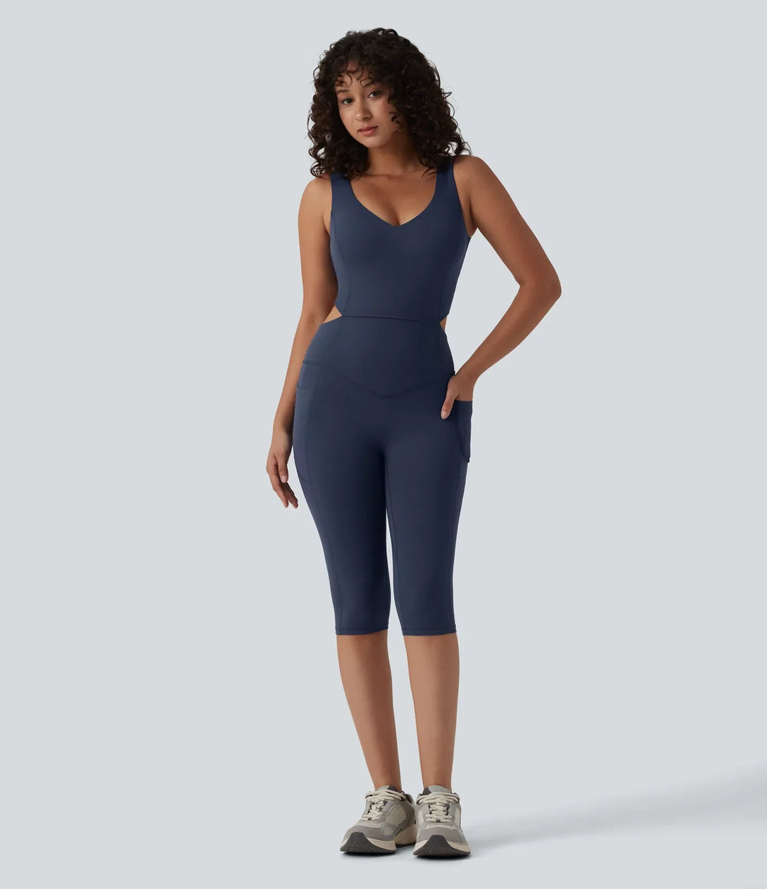 Halara UltraSculpt V Neck Tummy Control Butt Lifting Workout Jumpsuit with Pockets-Easy Peezy Edition