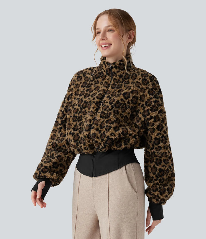 3-in-1 Stand Collar Long Sleeve Thumb Holes Jacket &amp; Drawstring Hem Sherpa Jacket with Pockets