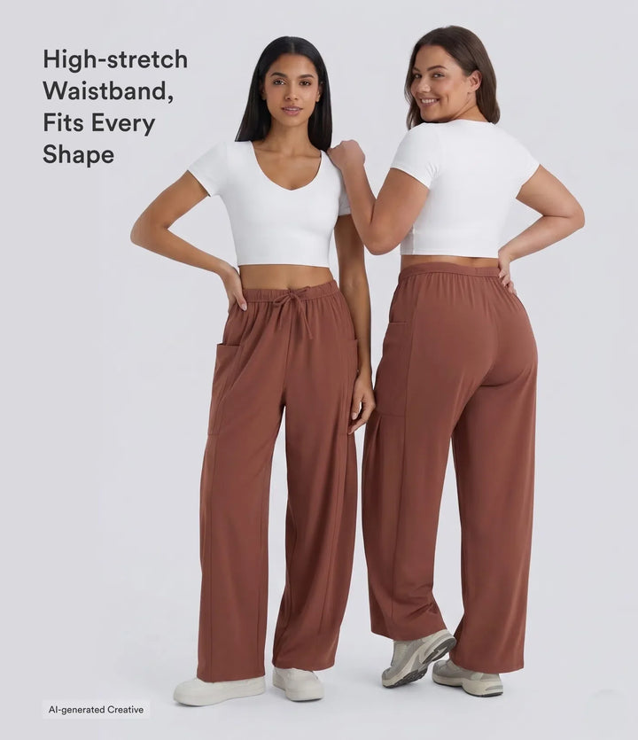 Mid Rise Elastic Waistband Drawstring Pocket Palazzo Flowy Wide Leg Baggy Casual Trousers