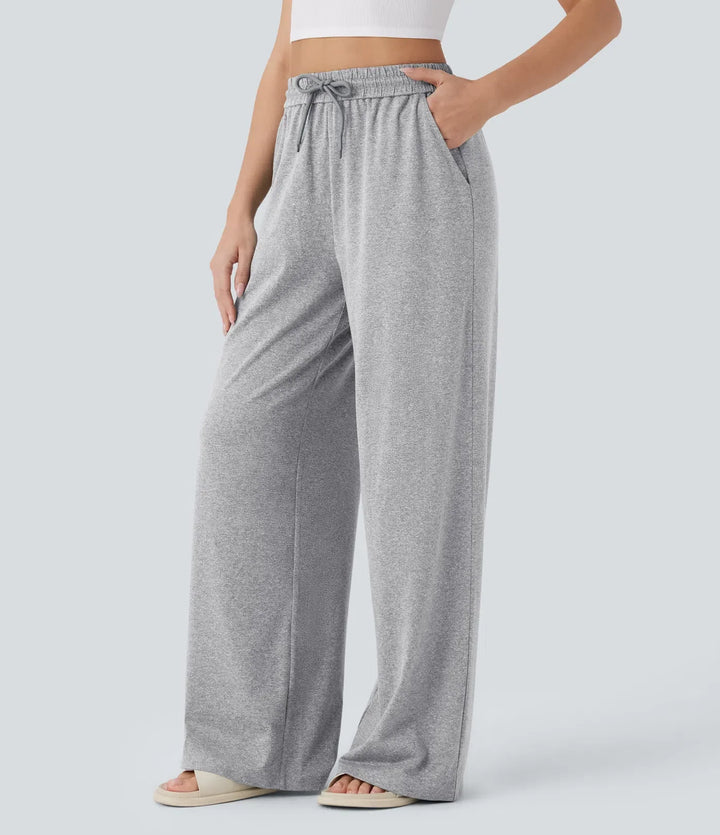 High Waisted Drawstring Pocket Wide Leg Baggy Casual Trousers