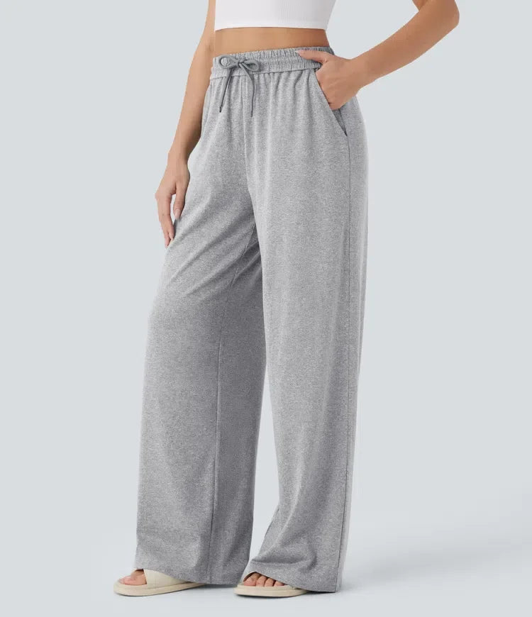 High Waisted Drawstring Pocket Wide Leg Baggy Casual Trousers