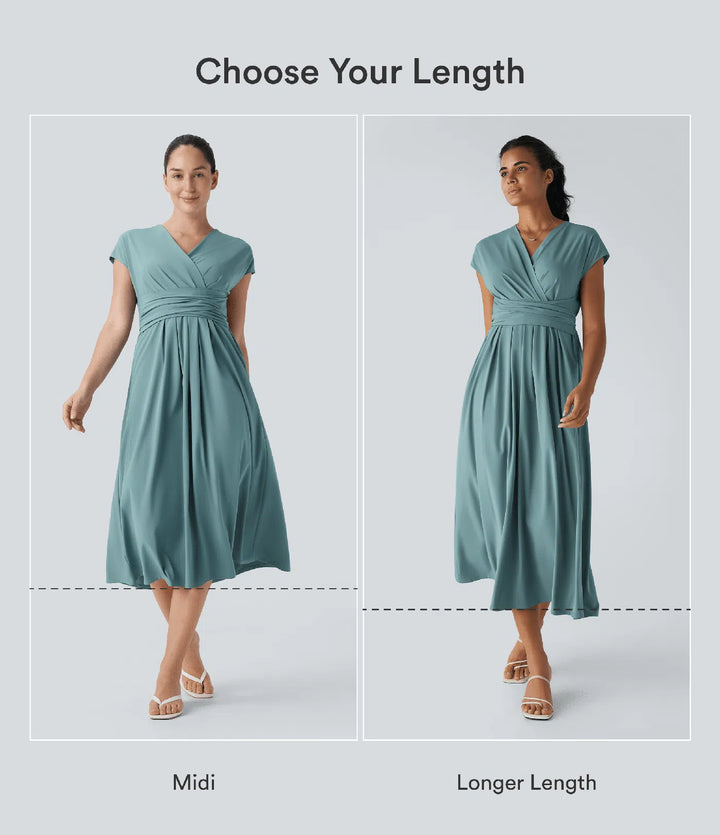 Breezeful V Neck Short Sleeve Pocket Tie Back Quick Dry Midi Casual Dress