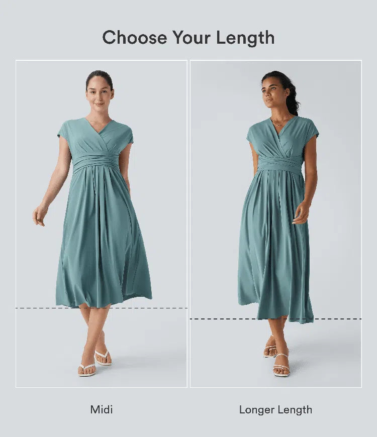 Breezeful V Neck Short Sleeve Pocket Tie Back Quick Dry Midi Casual Dress
