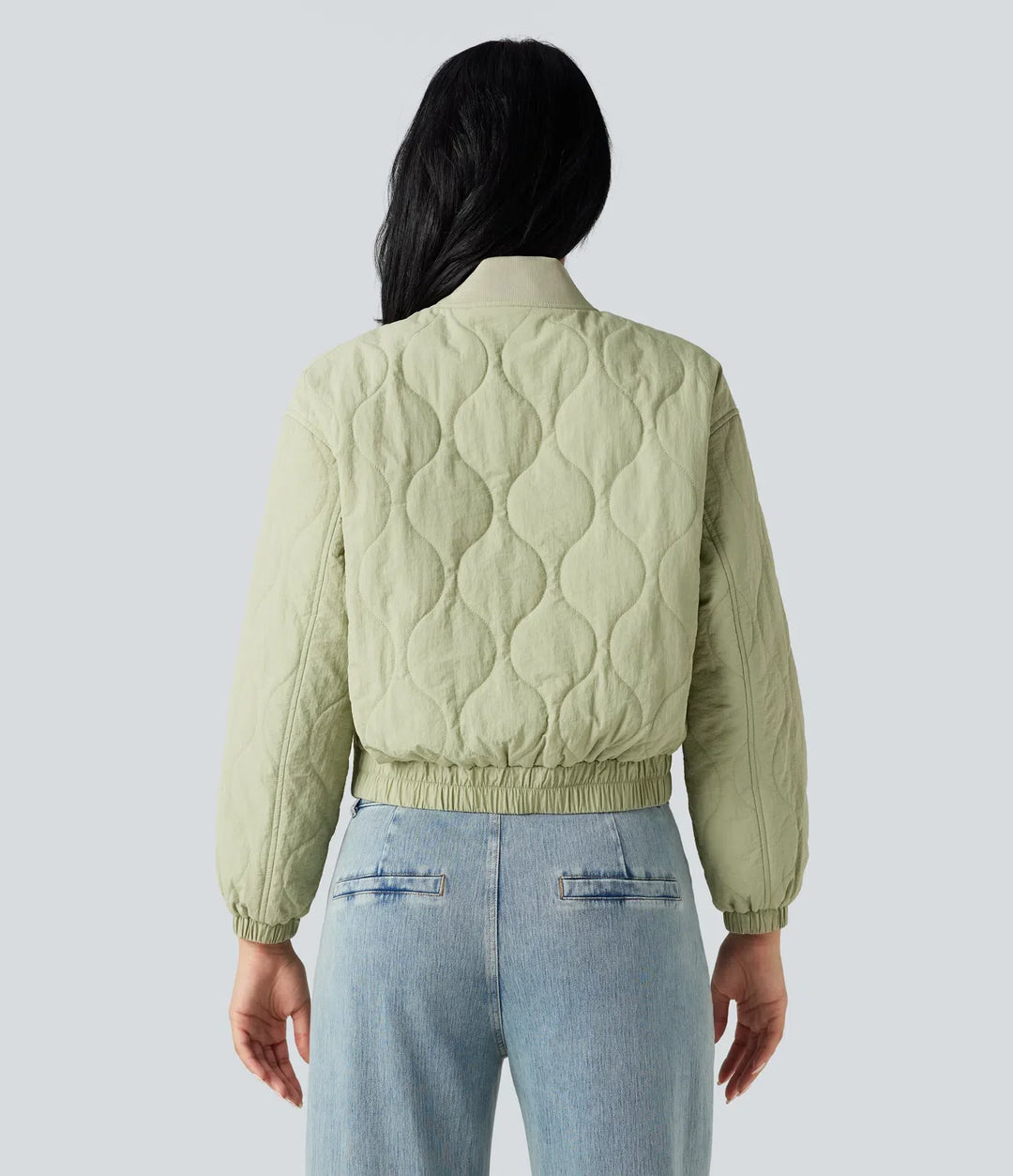 Stand Collar Long Sleeve Casual Bomber Quilted Jacket with Pockets