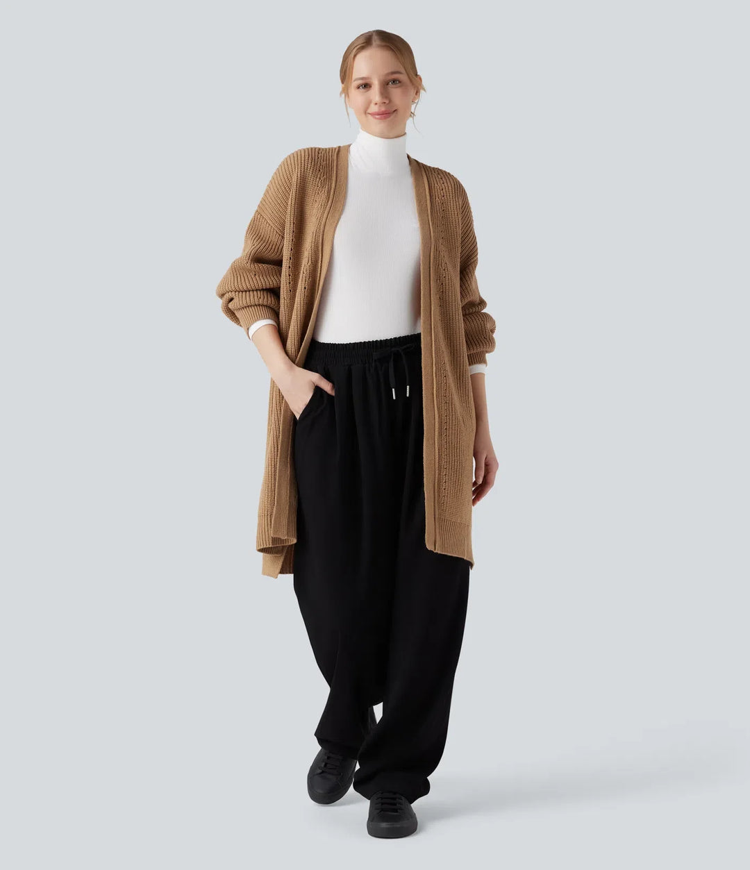 Bishop Long Sleeve Split Hem Hollow Out Casual Longline Cardigan