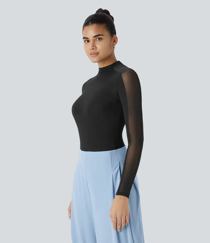 Stand Collar Raglan Long Sleeve Contrast Mesh Skinny Work Top