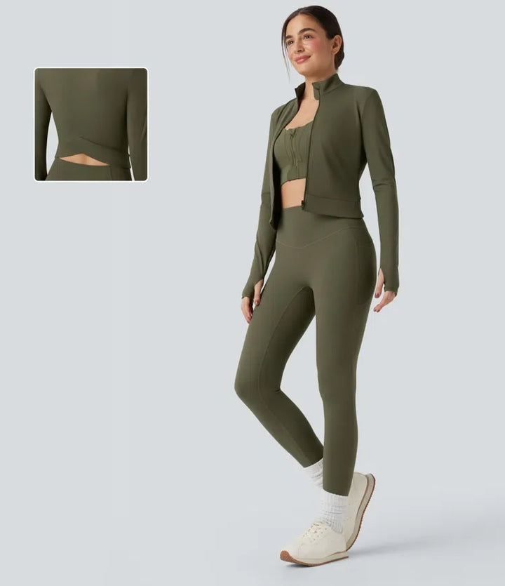 SoftlyZero Plush Stand Collar Long Sleeve Thumb Holes Crossover Back Yoga Jackets
