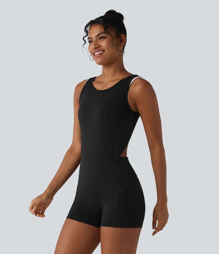 Backless Sleeveless Pockets Breathable Mesh Yoga Romper with Detachable Skirt-Easy Peezy