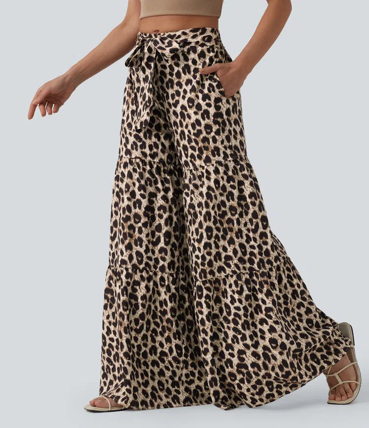 Mid Rise Tie Front Baggy Leopard Print Casual Trousers with Pockets
