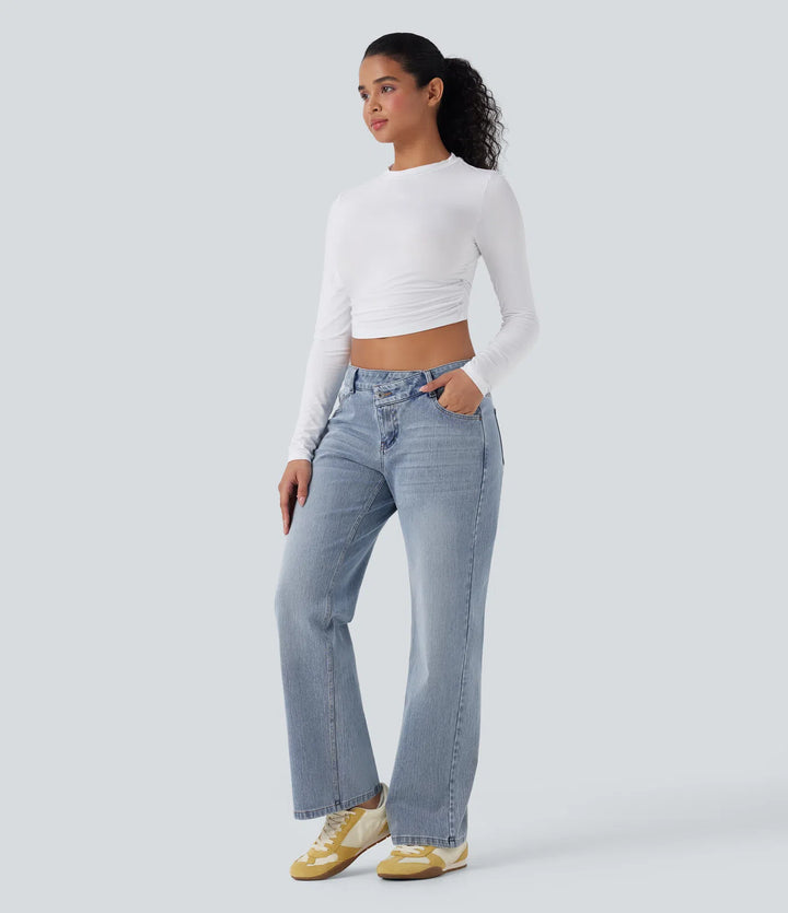 Halara Flex Asymmetric Low Rise Straight Leg Casual Jeans with Pockets