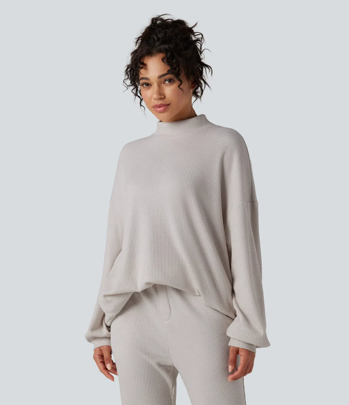 Mock Neck Long Sleeve Relaxed Waffle Casual Sweatshirt with Pockets