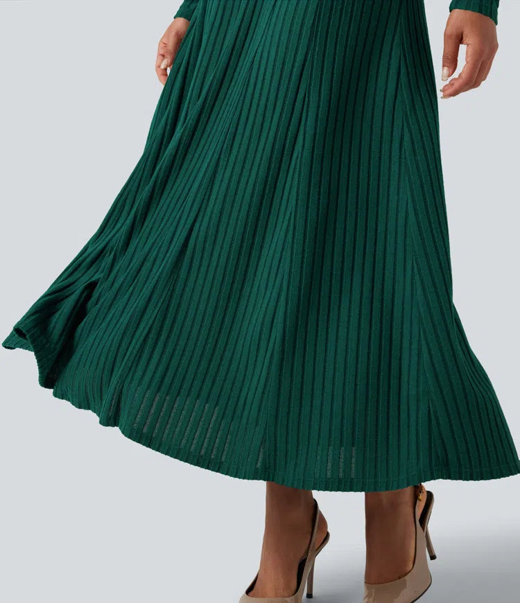 Ribbed Knit Henley Neck Long Sleeve Flowy Maxi Fleece Casual Dress