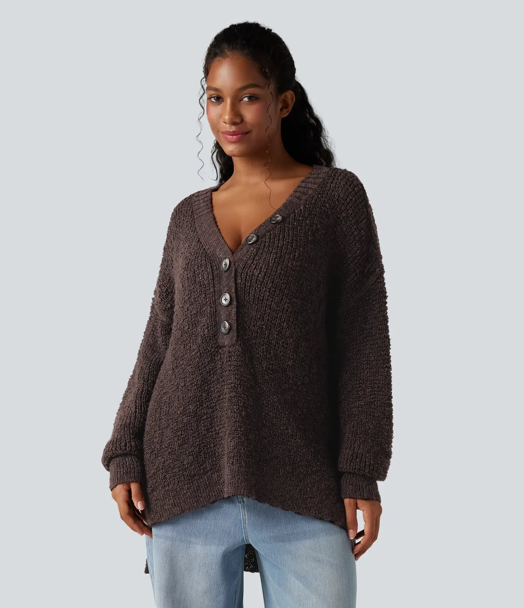 V Neck Long Sleeve High Low Casual Jumper