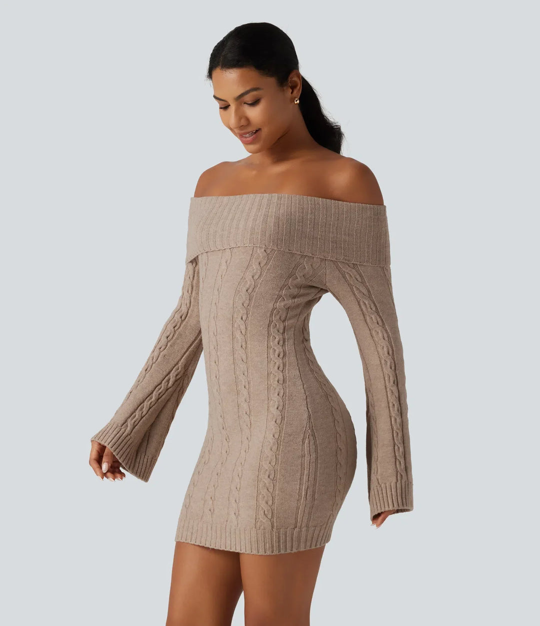 Off Shoulder Bell Long Sleeve Bodycon Mini Casual Jumper Dress