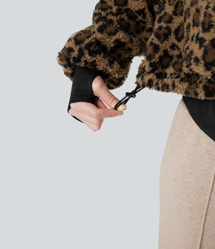 3-in-1 Stand Collar Long Sleeve Thumb Holes Jacket &amp; Drawstring Hem Sherpa Jacket with Pockets
