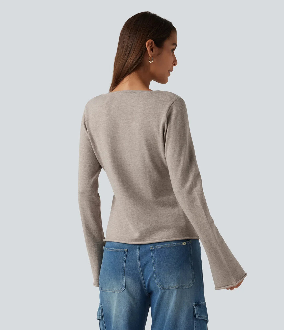 V Neck Flounce Long Sleeve Rolled Hem Casual Jumper