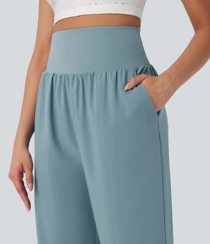 Breezeful High Waisted Tummy Control Hem Quick Dry Capri Trousers with Pockets