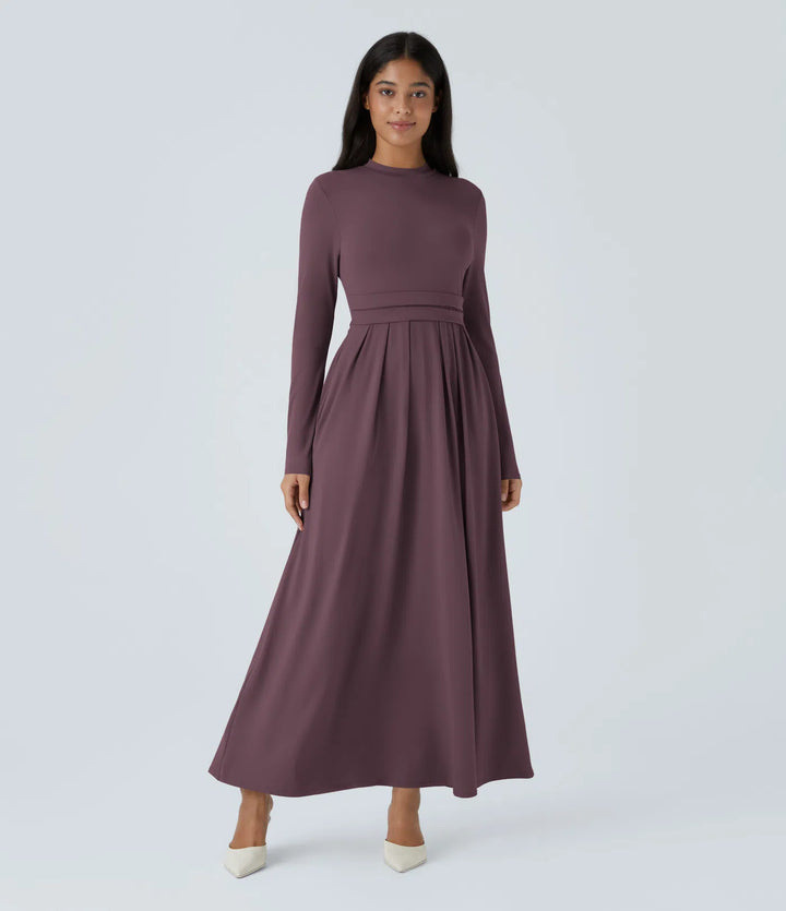 Mock-neck Long Sleeve Pocket Flare Maxi Casual Dress