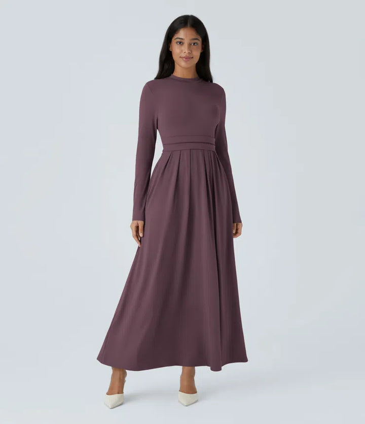 Mock-neck Long Sleeve Pocket Flare Maxi Casual Dress